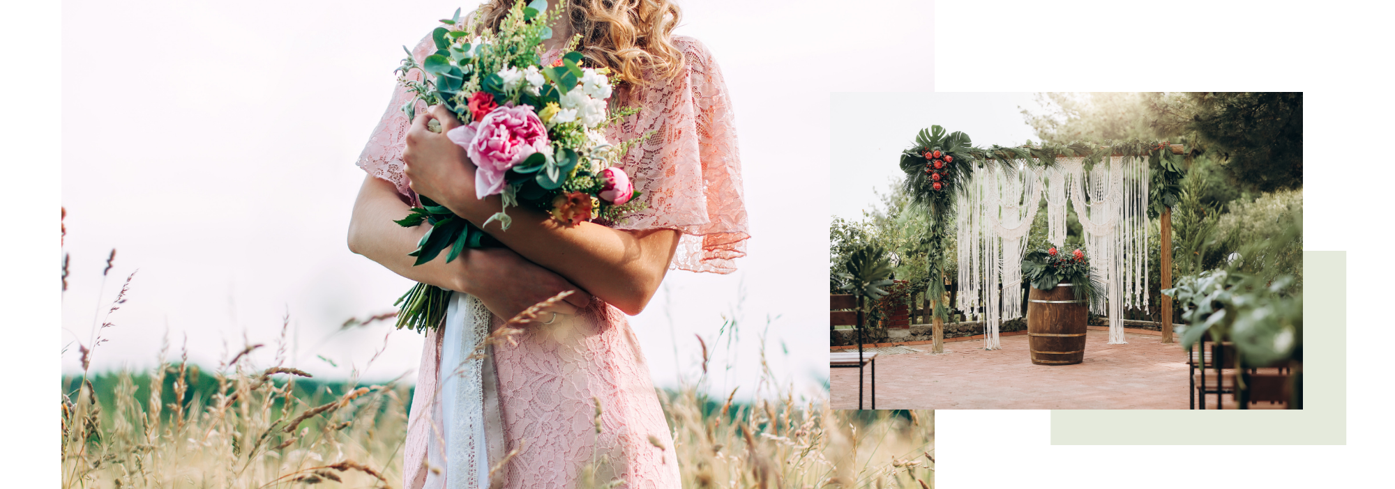 bride holding pink wedding bouquet and bohemian wedding arch